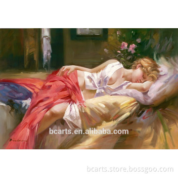 Hot sexy sleepy woman lying on the bed painting on canvas